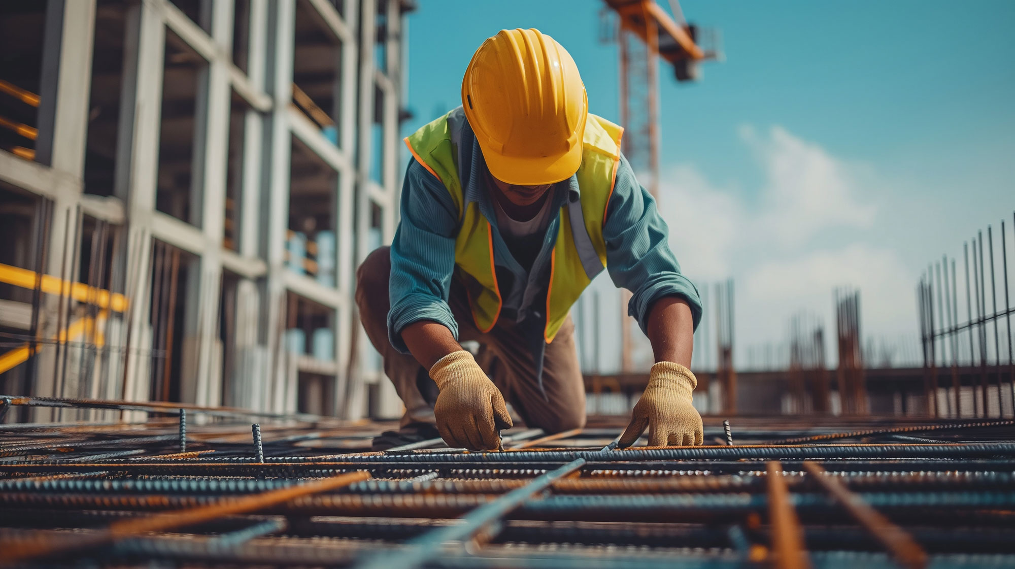 Ein Bauarbeiter mit gelbem Schutzhelm und Handschuhen kniet auf einer Baustelle unter blauem Himmel auf Metallstäben und bereitet das Material vor.